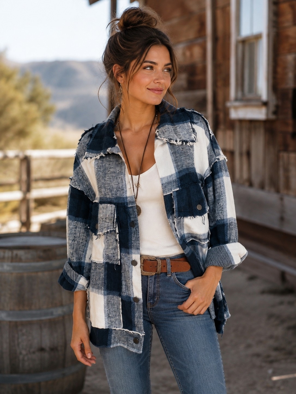 NWT POL Blue White Plaid Shacket Jacket Raw Edge Oversized Boho Western Small